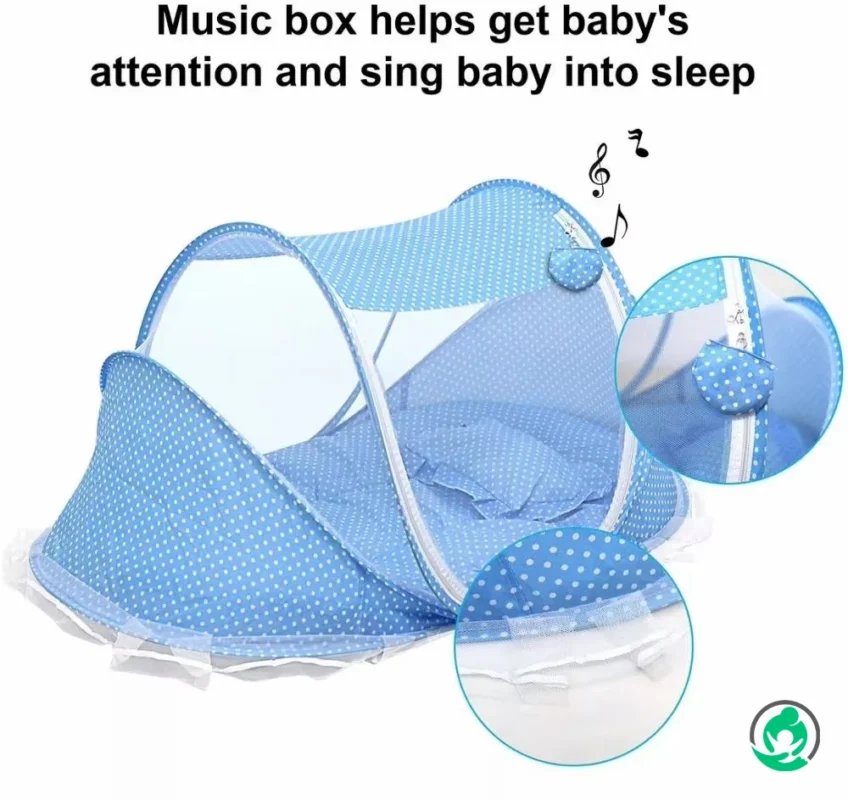 Mother gently putting baby to sleep inside a multicolor mosquito net – safe bedtime routine.