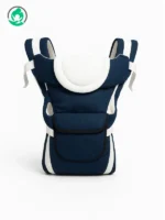 Close-up view of baby carrier fabric, padding, and adjustable straps