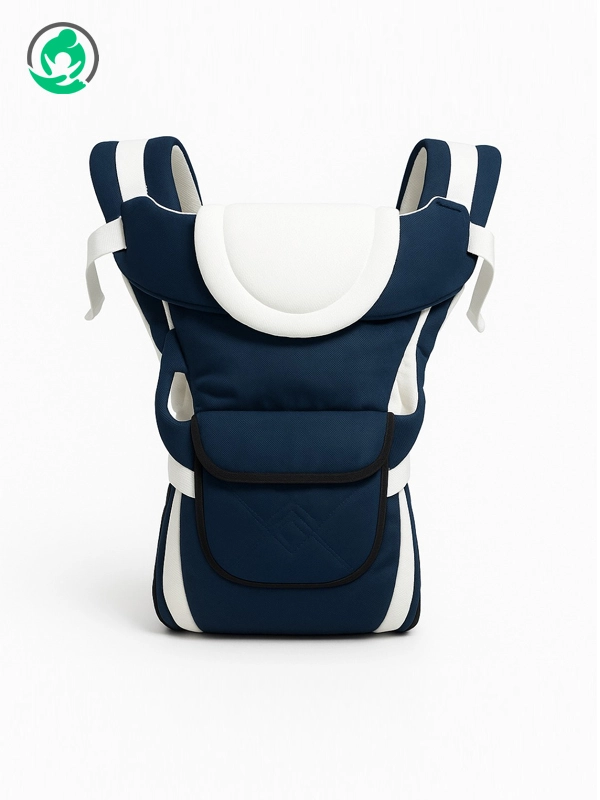 Close-up view of baby carrier fabric, padding, and adjustable straps
